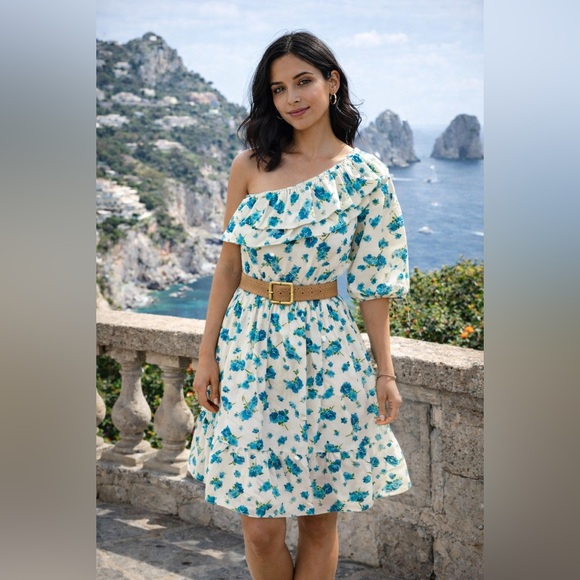 Maska Mode Dresses & Skirts - 🇮🇹 Made in Italy One-Shoulder Floral Cotton Fit & Flare Dress w/ Raffia Belt